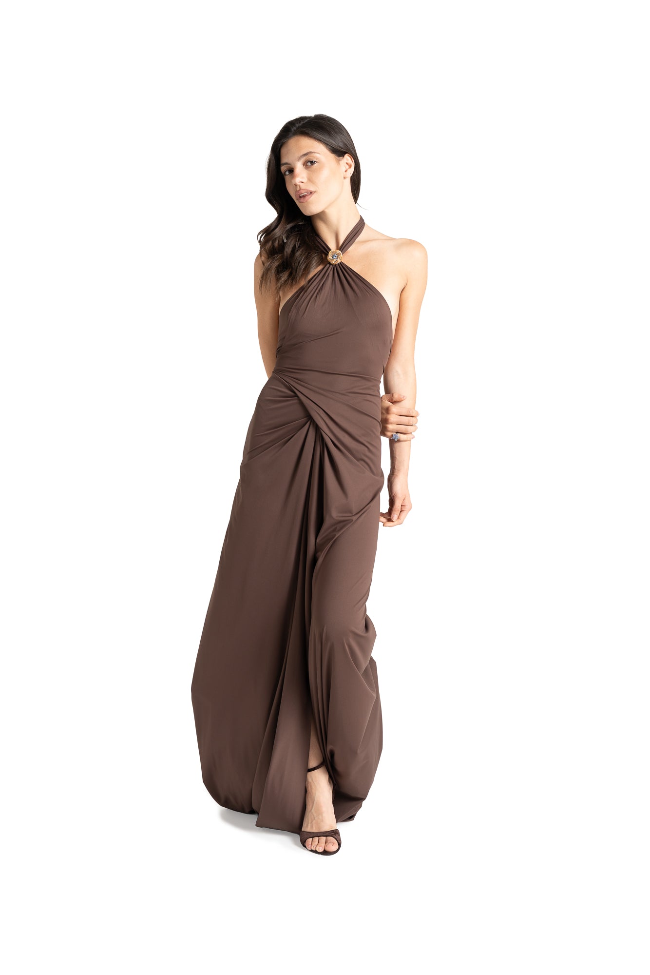 ANTONIA plain long DRESS BROWN